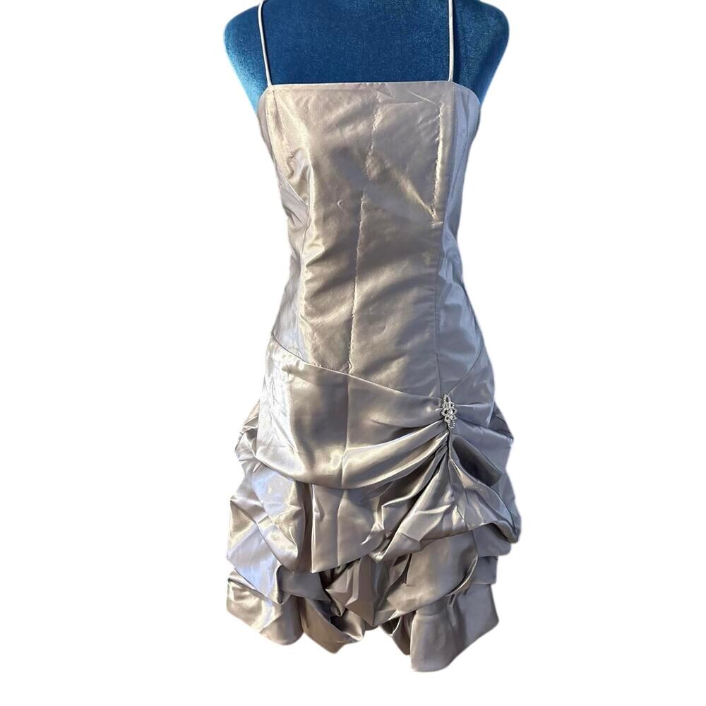 NWT Silver Satin Ruffled Rhinestone Retro Dress Fairy Disco Glam Shiny